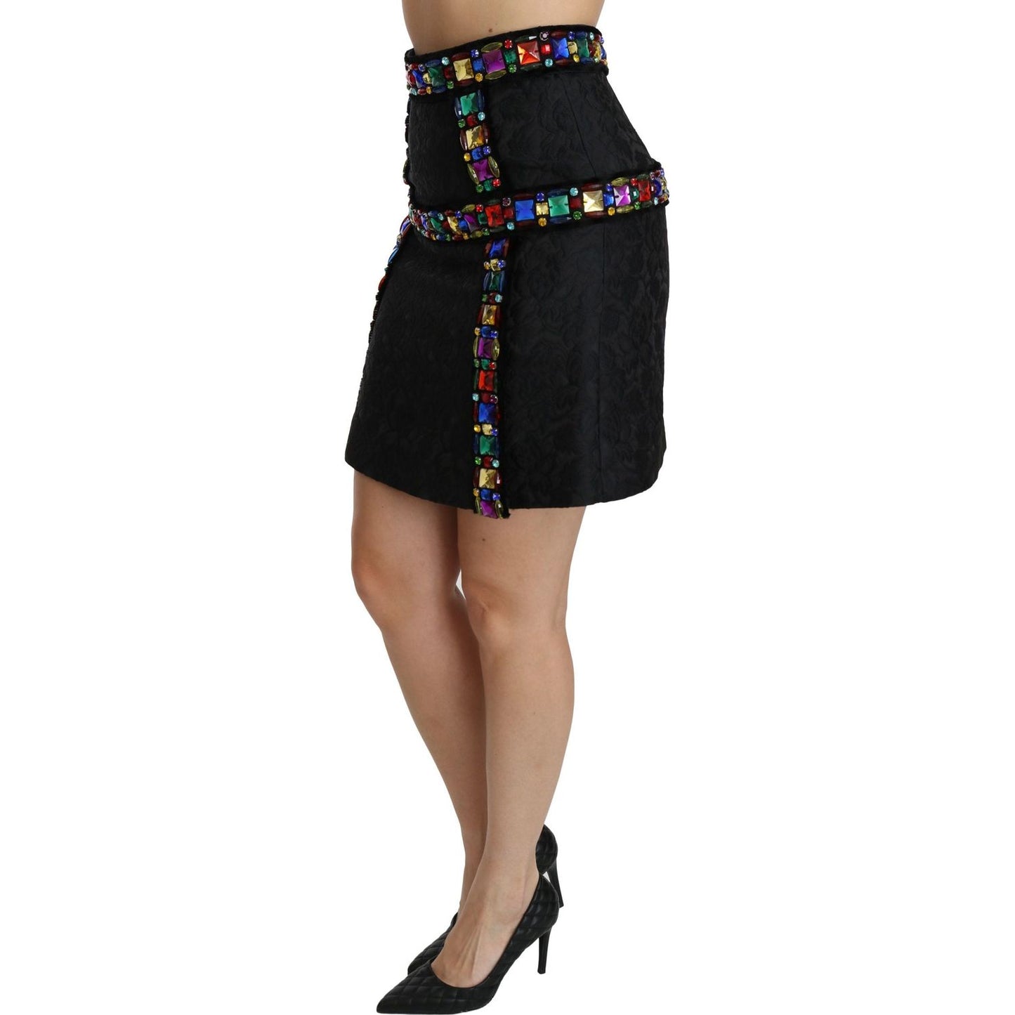 Elegant High-Waist Embellished Black Skirt