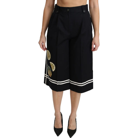 High Waist Palazzo Cropped Pants in Black Lemon