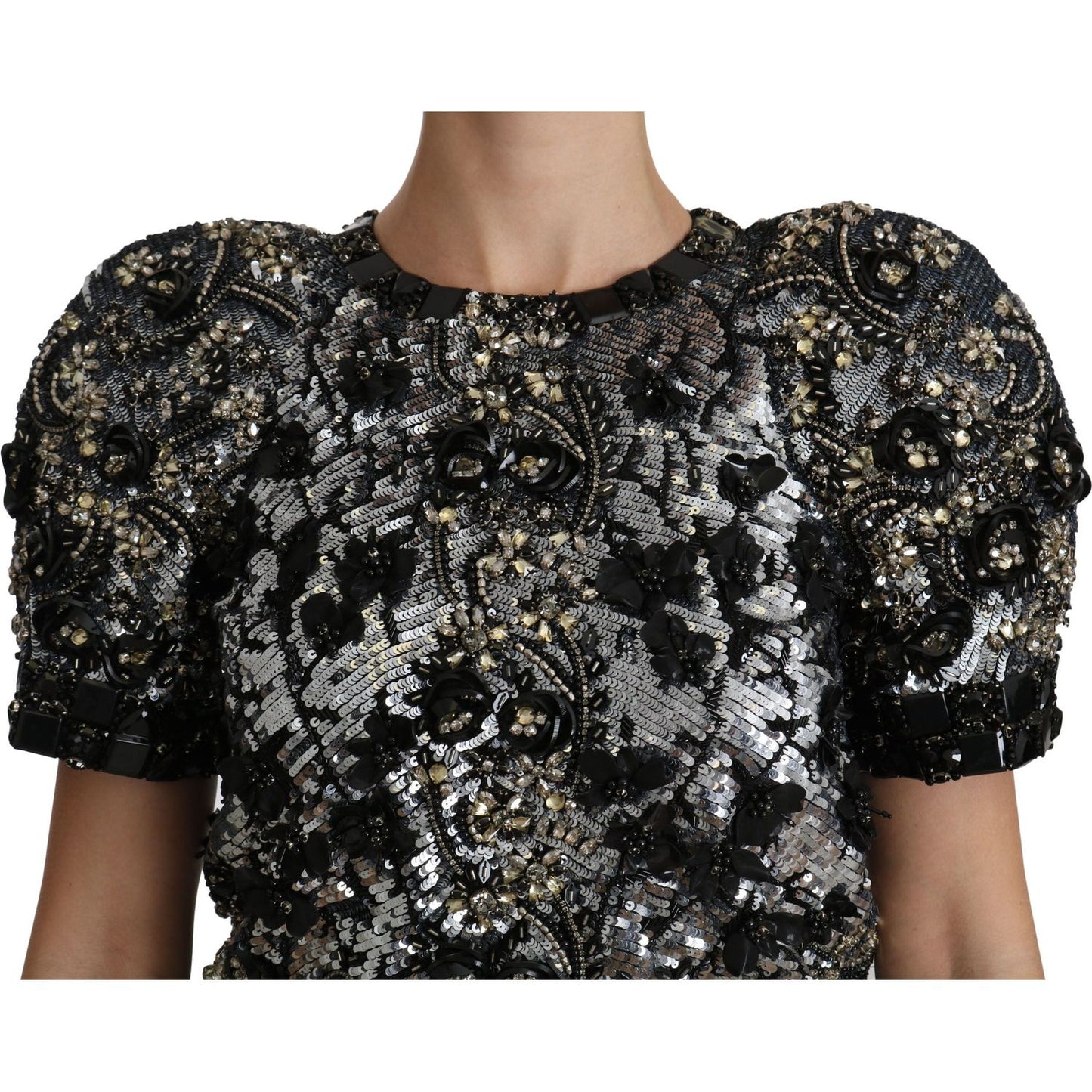 Sequined Crystal Embellished Crew Neck Top