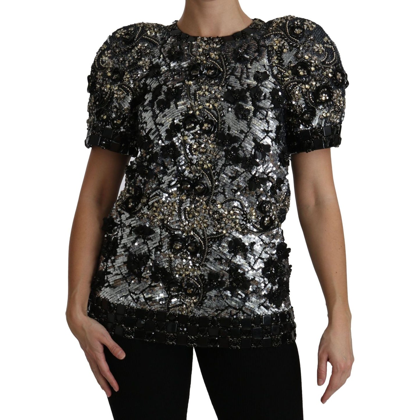 Sequined Crystal Embellished Crew Neck Top