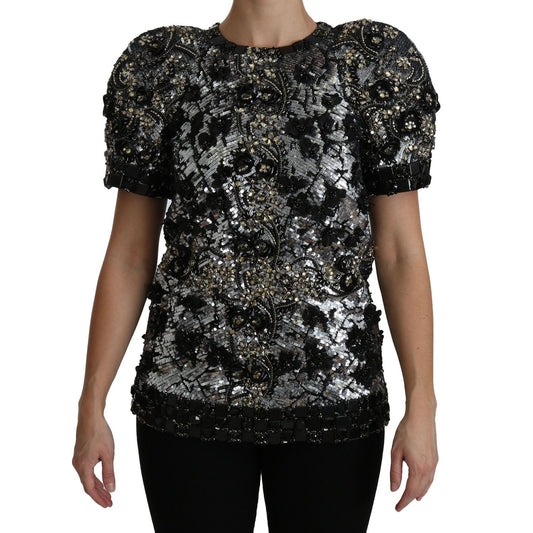 Dolce & Gabbana Black Sequined Crystal Embellished Top Blouse