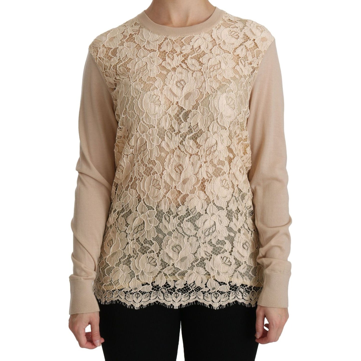 Elegant Beige Lace Crew Neck Cashmere Blouse