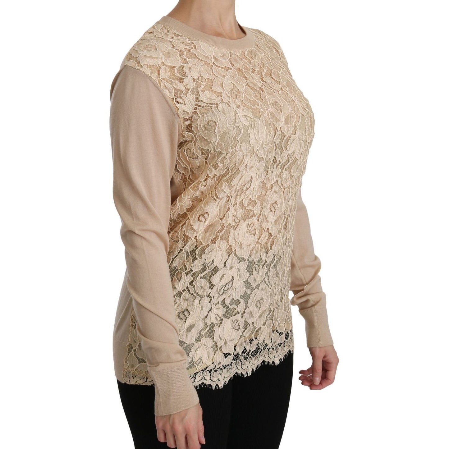 Dolce & Gabbana Beige Lace Long Sleeve Top Cashmere Blouse