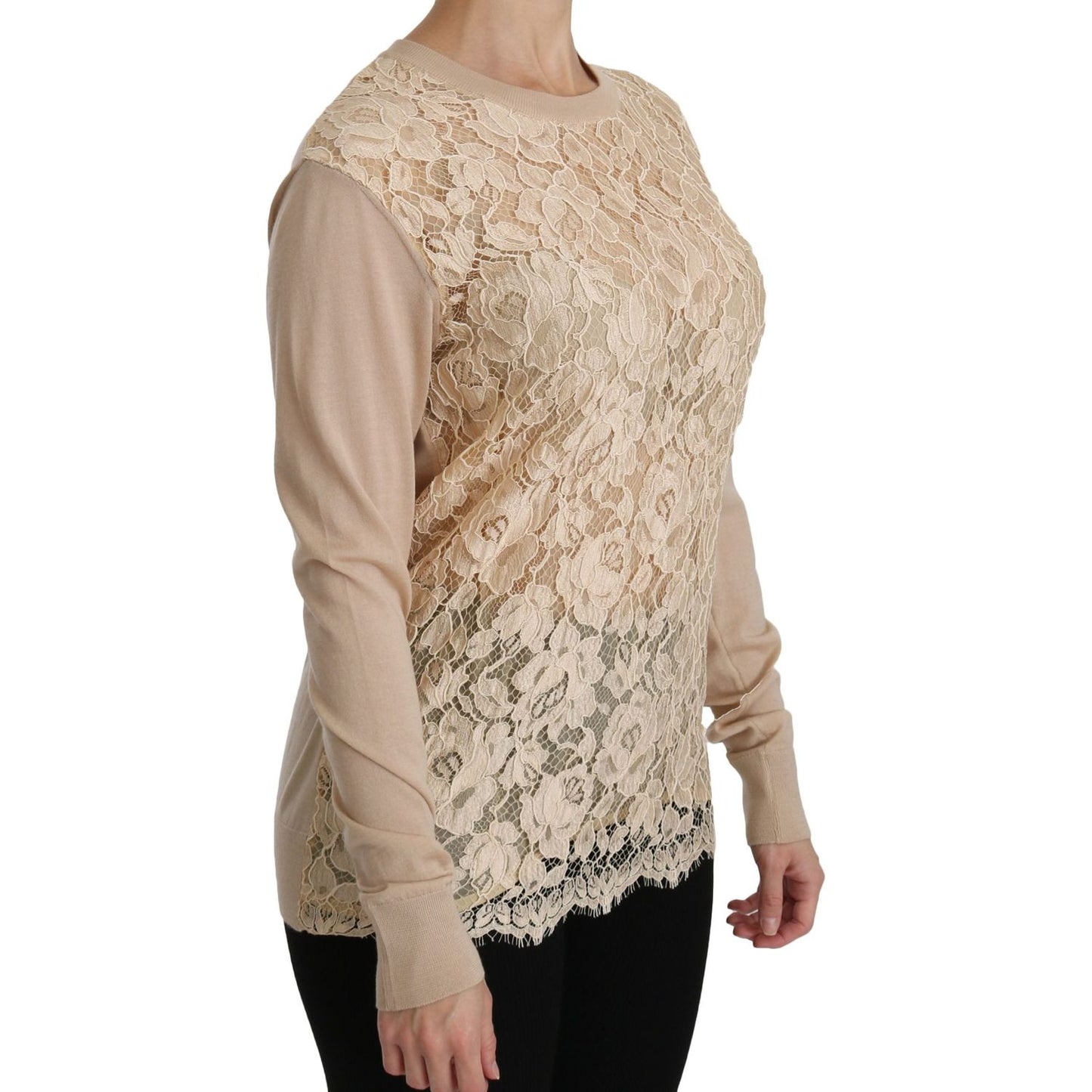 Elegant Beige Lace Crew Neck Cashmere Blouse