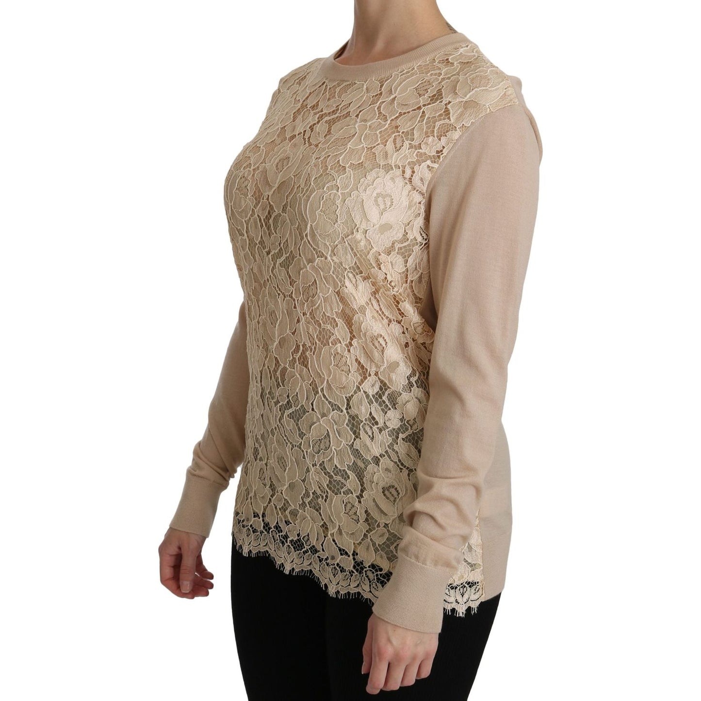 Elegant Beige Lace Crew Neck Cashmere Blouse