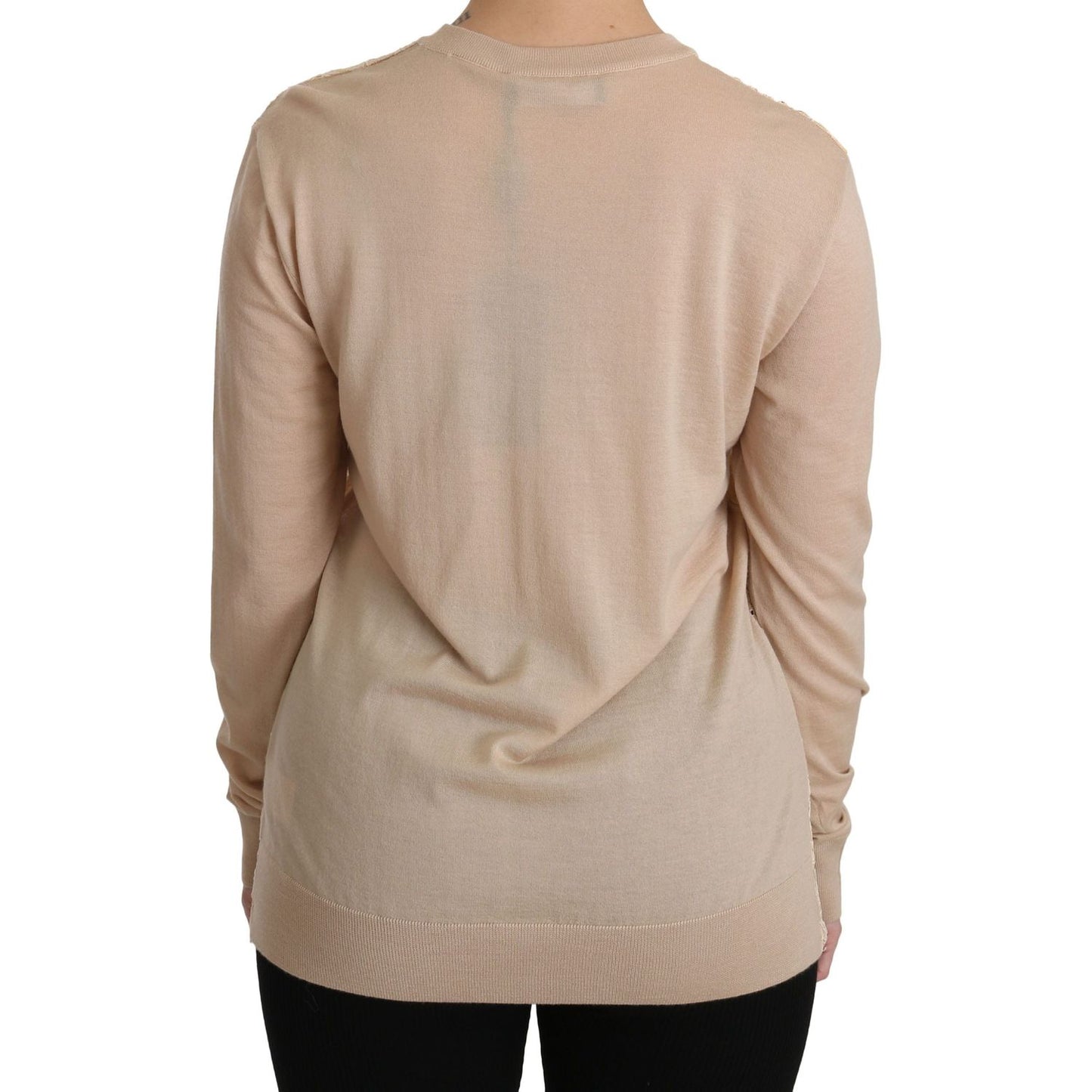 Elegant Beige Lace Crew Neck Cashmere Blouse