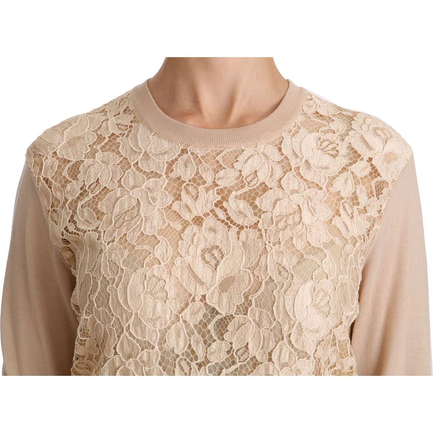 Elegant Beige Lace Crew Neck Cashmere Blouse