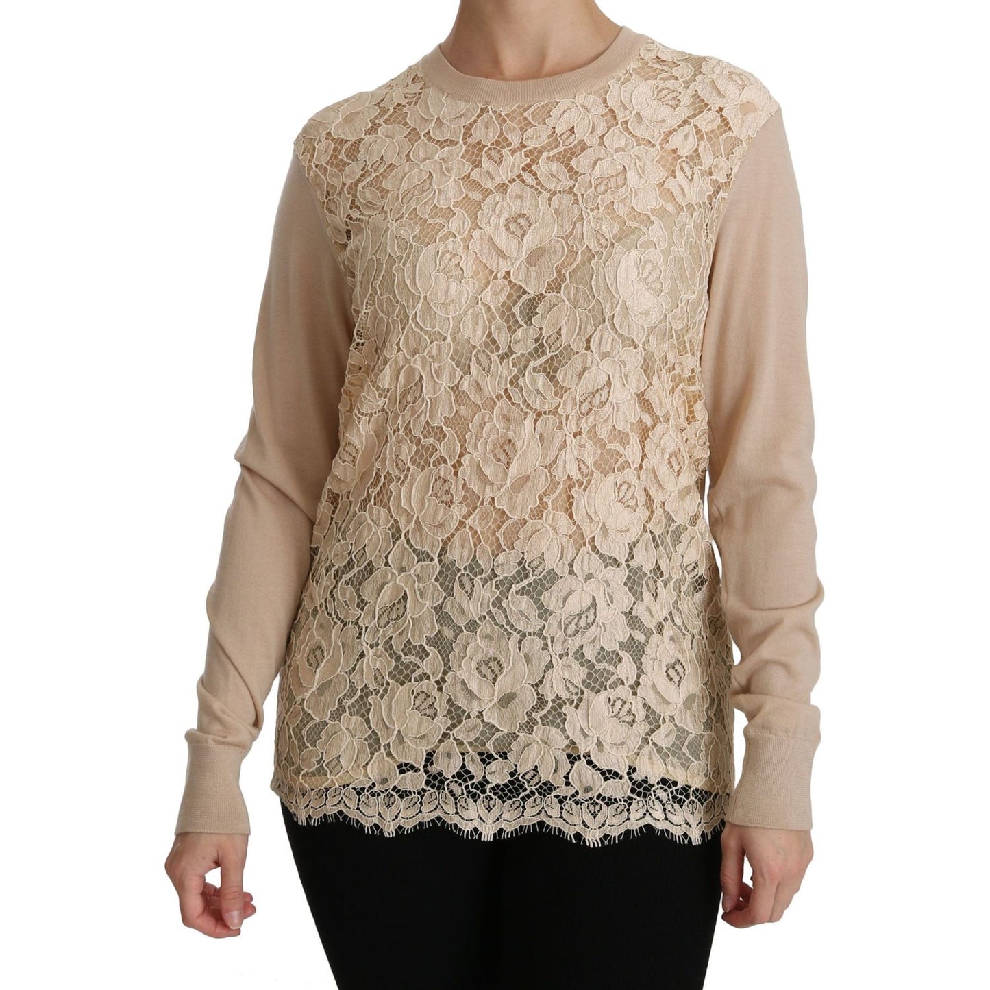 Elegant Beige Lace Crew Neck Cashmere Blouse