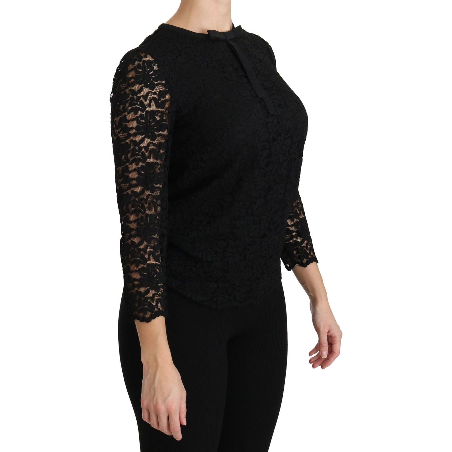 Elegant Black Lace Crew Neck Blouse