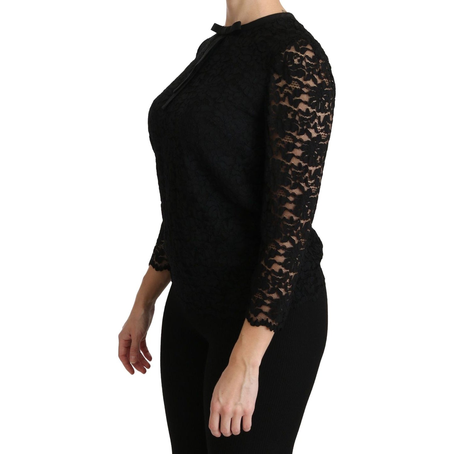 Elegant Black Lace Crew Neck Blouse