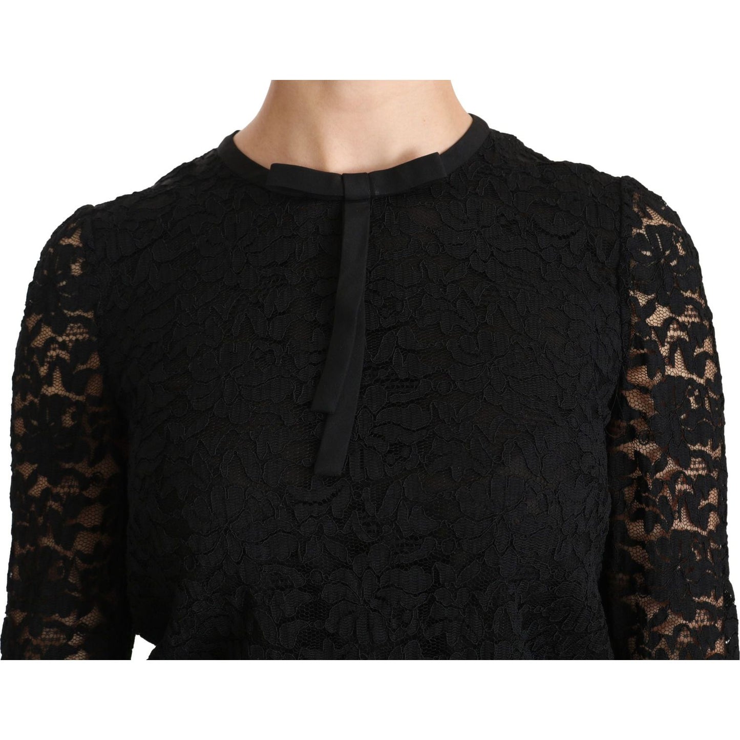 Elegant Black Lace Crew Neck Blouse