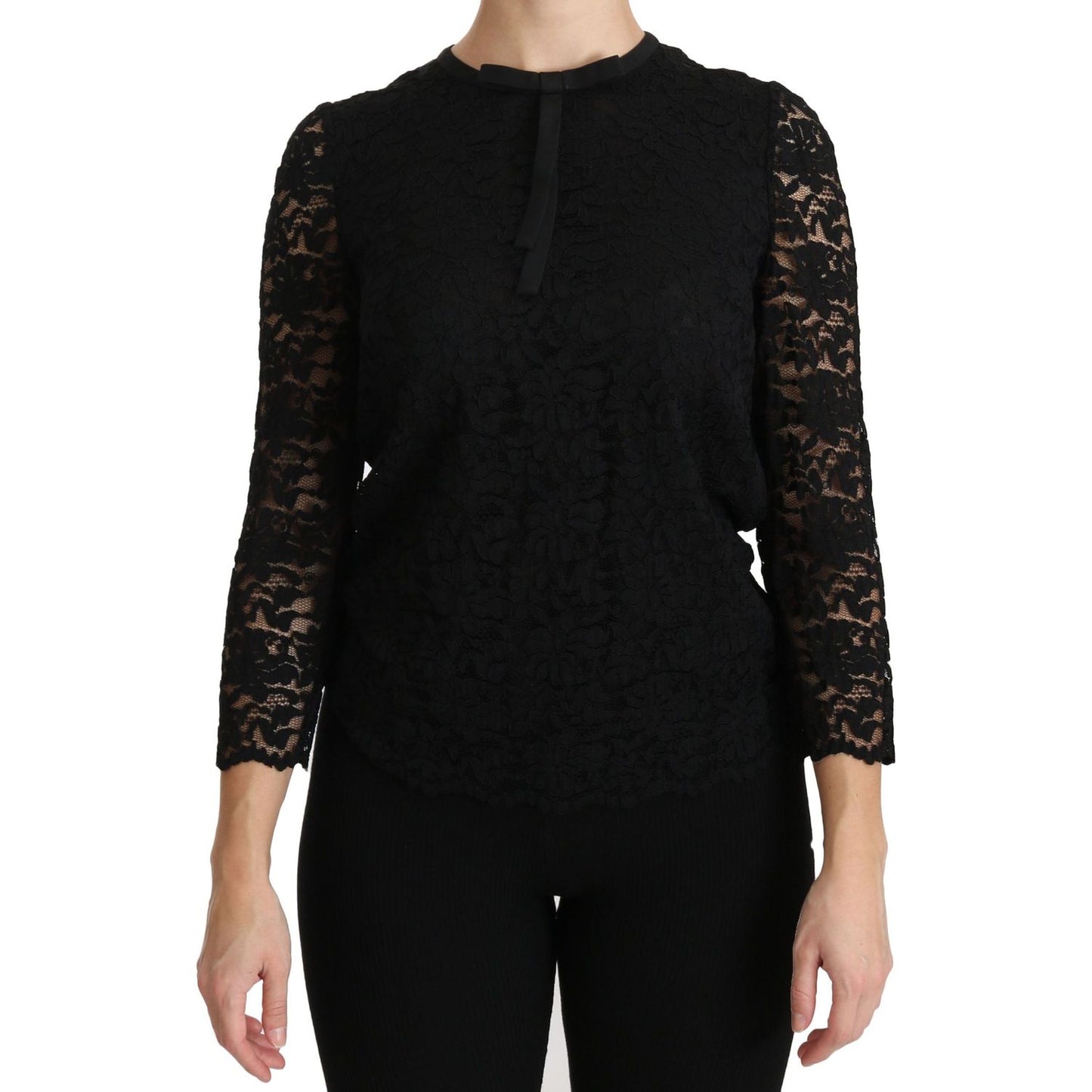 Elegant Black Lace Crew Neck Blouse