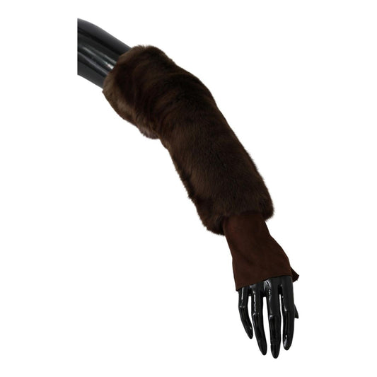 Elegant Brown Fur & Leather Elbow-Length Gloves