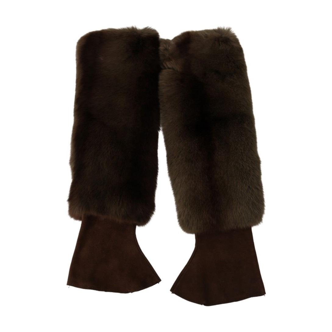 Elegant Brown Fur & Leather Elbow-Length Gloves