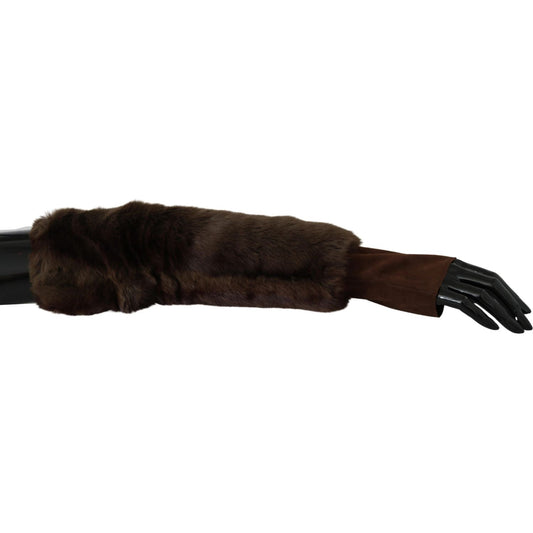 Elegant Brown Fur & Leather Elbow-Length Gloves