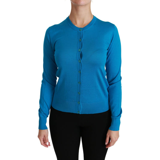 Elegant Silk Blue Crewneck Cardigan