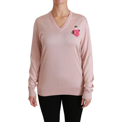 Dolce & Gabbana Pink Floral Embellished Pullover Silk Sweater