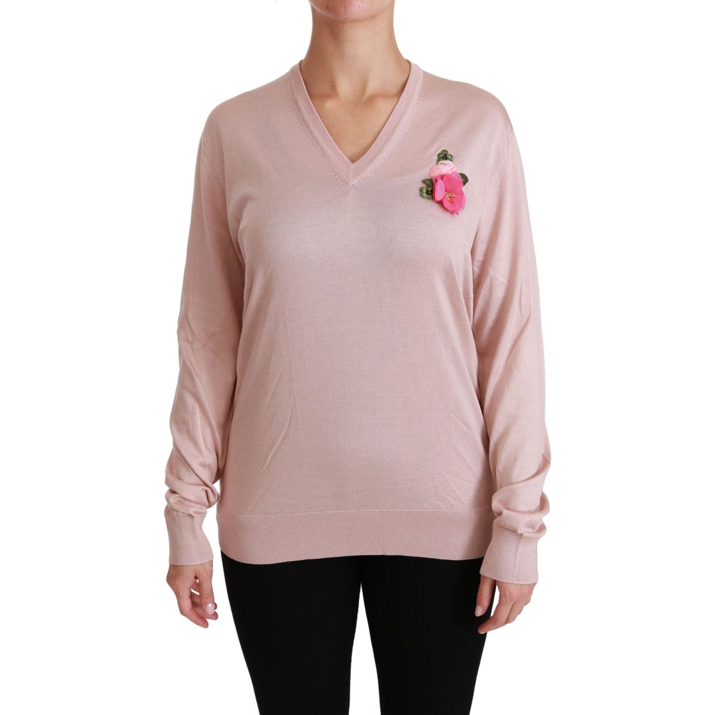 Pink Floral Silk V-Neck Sweater