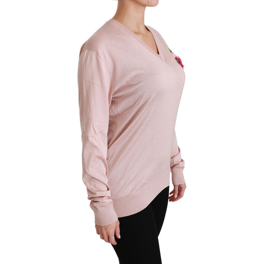 Pink Floral Silk V-Neck Sweater