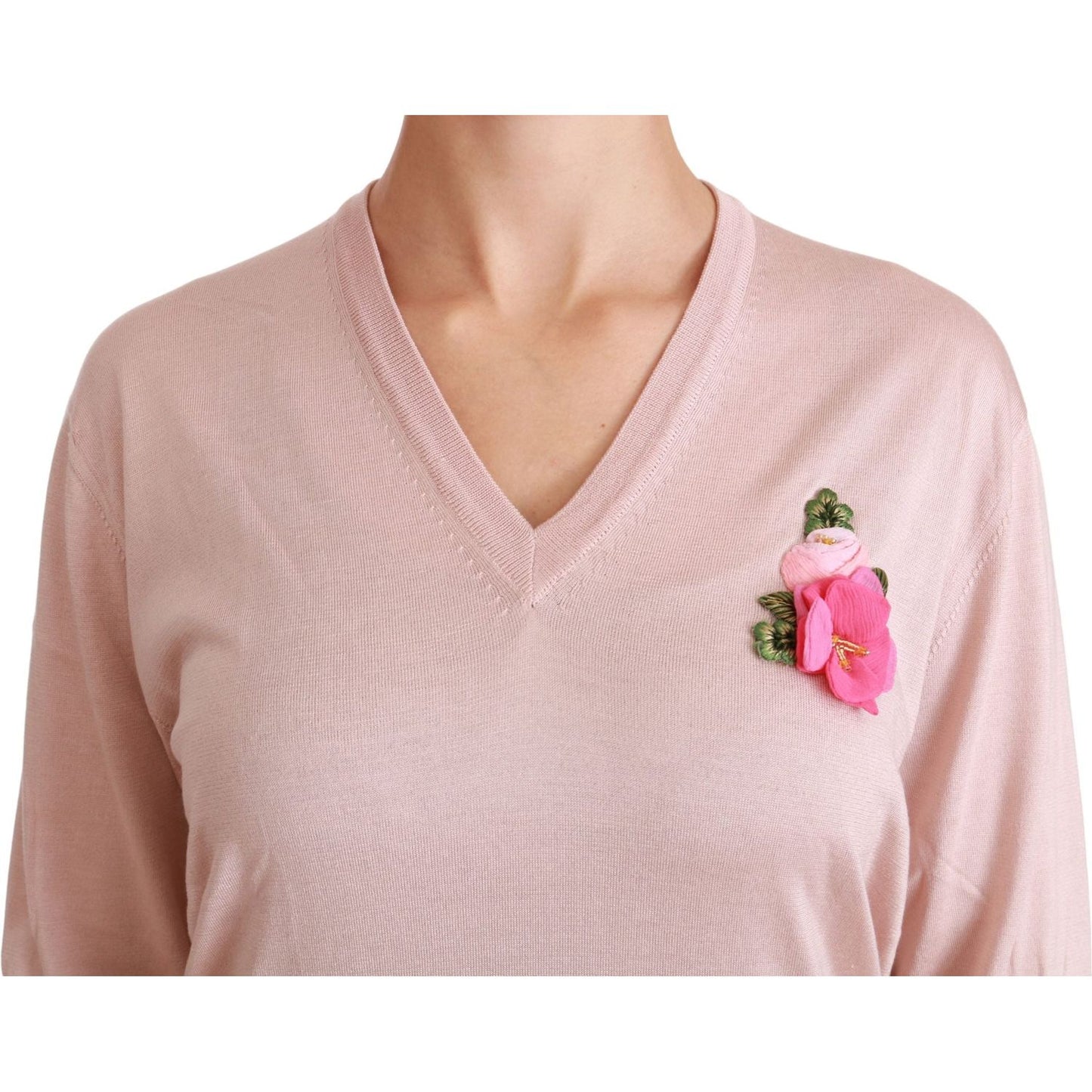 Pink Floral Silk V-Neck Sweater