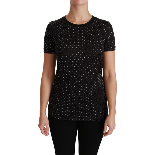 Chic Black Dotted Crewneck Cotton Tee