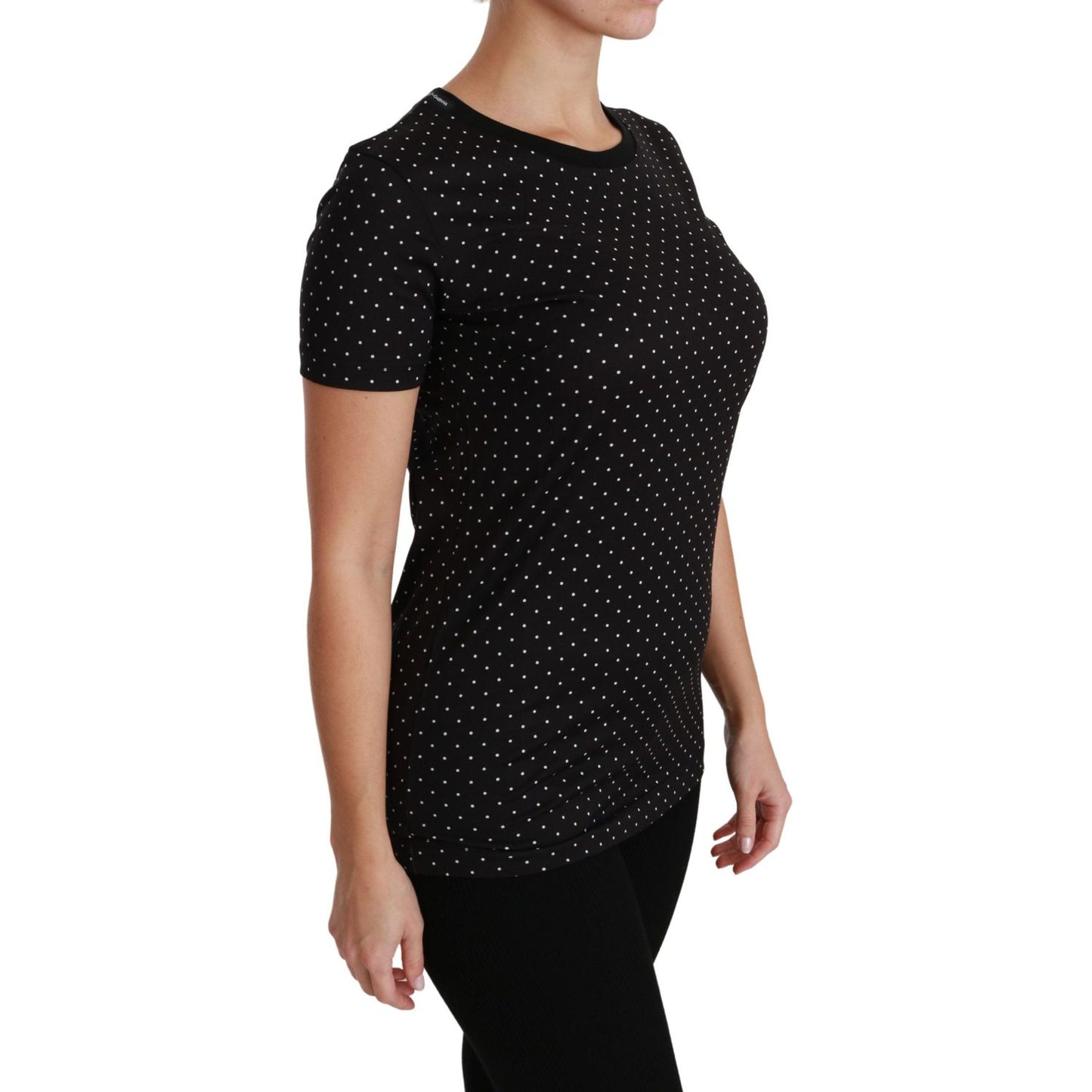 Chic Black Dotted Crewneck Cotton Tee