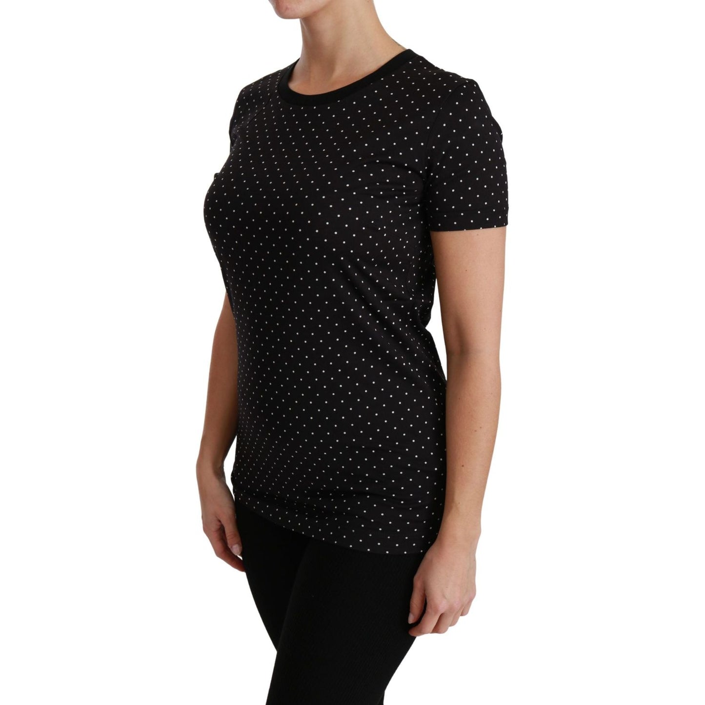 Chic Black Dotted Crewneck Cotton Tee