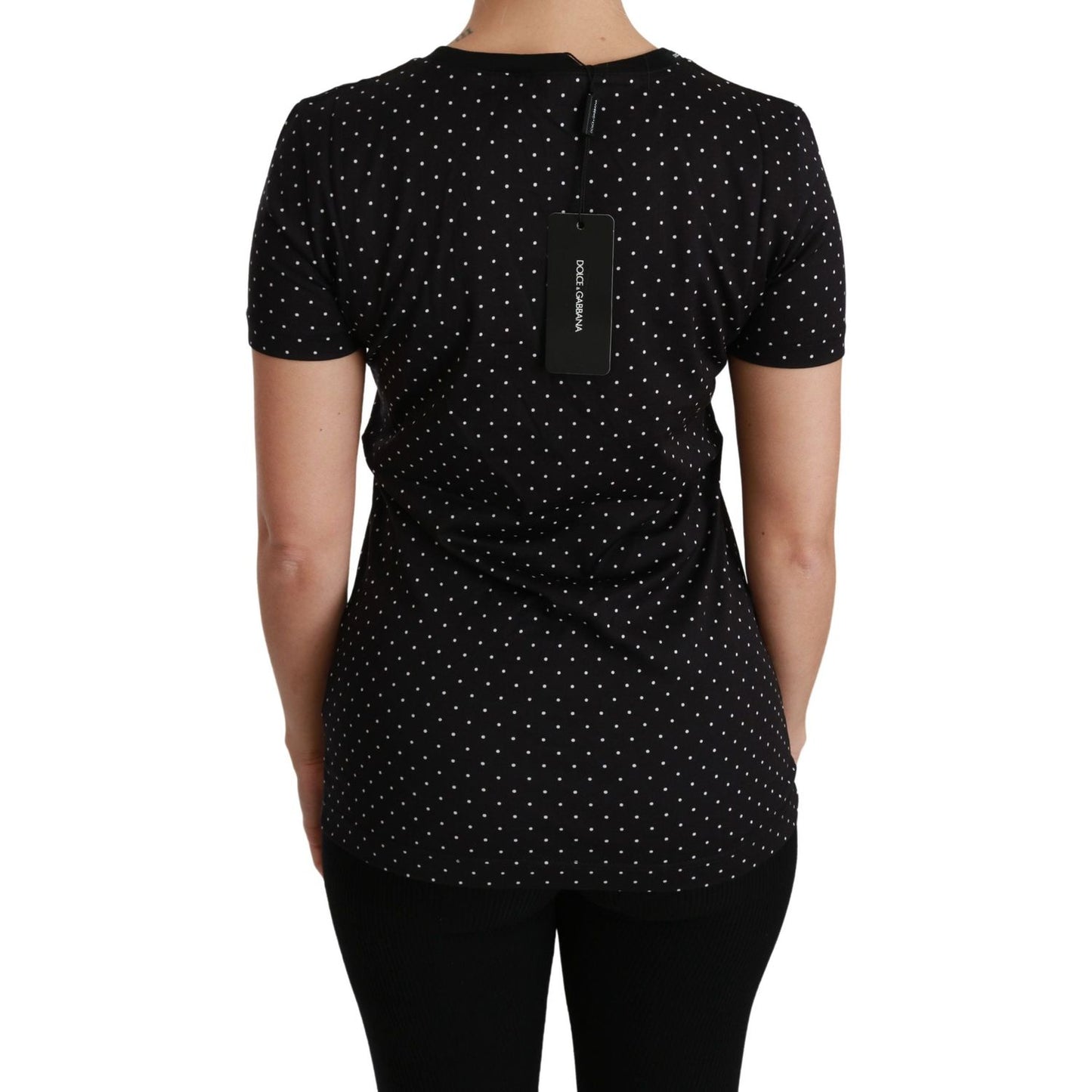 Chic Black Dotted Crewneck Cotton Tee