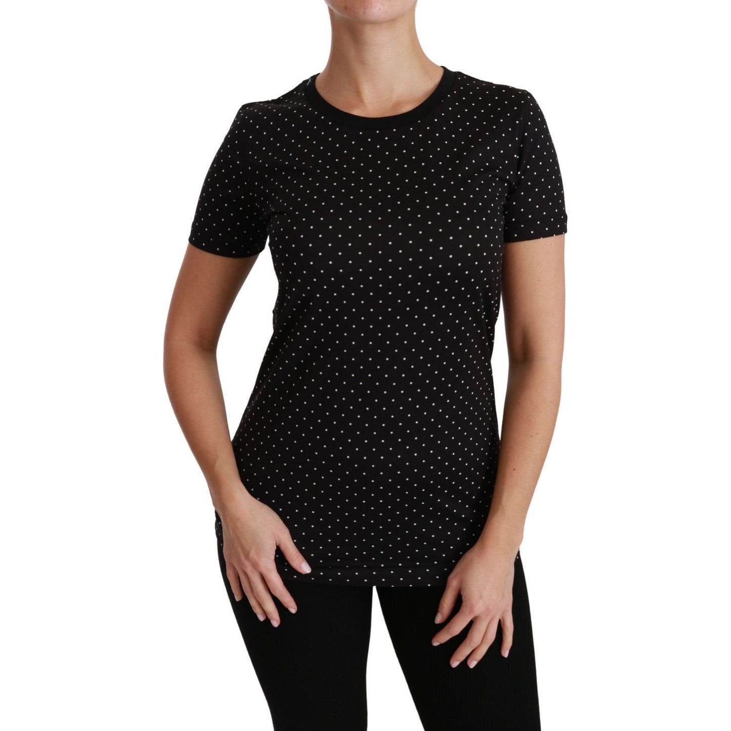 Chic Black Dotted Crewneck Cotton Tee