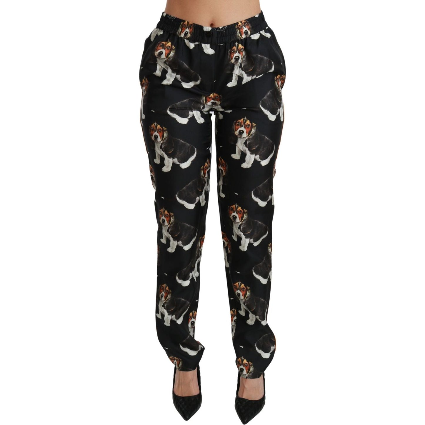 Elegant Silk Puppy Dog Print Pants