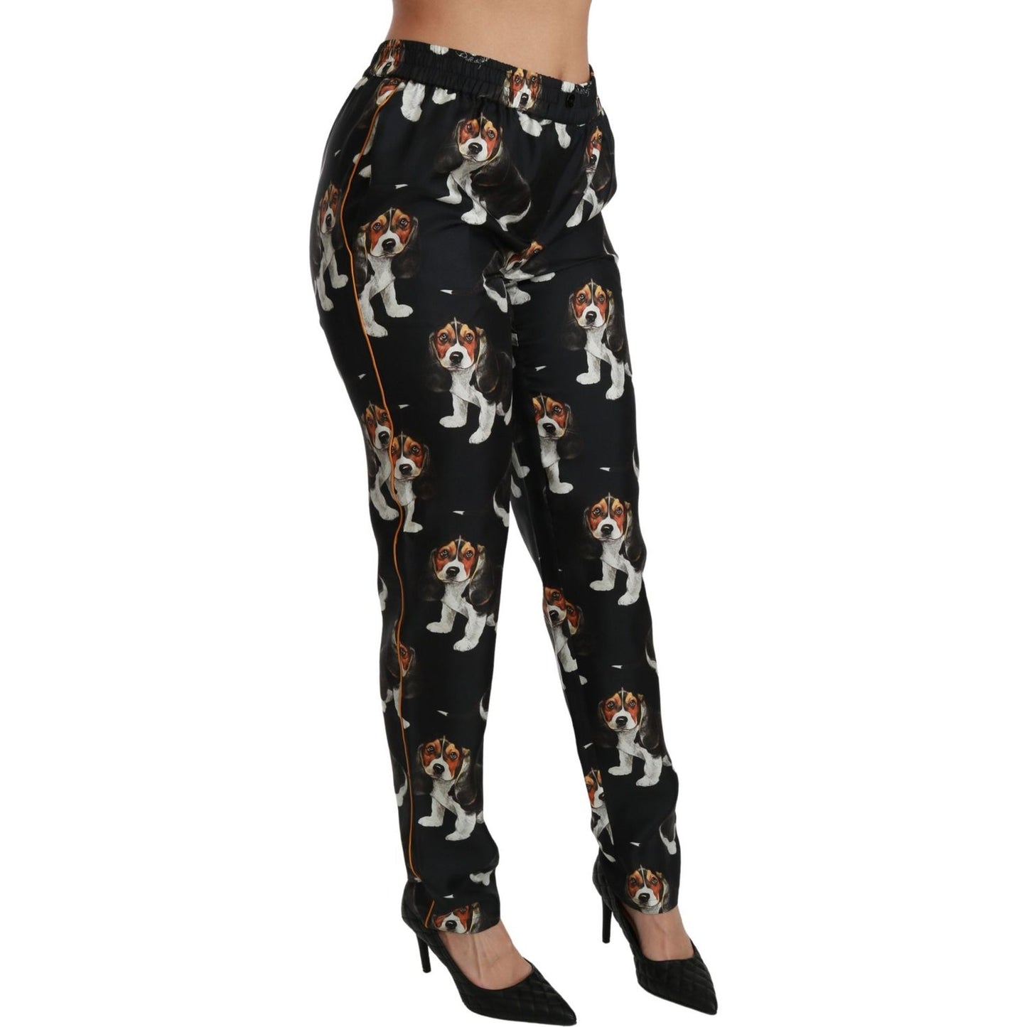 Elegant Silk Puppy Dog Print Pants