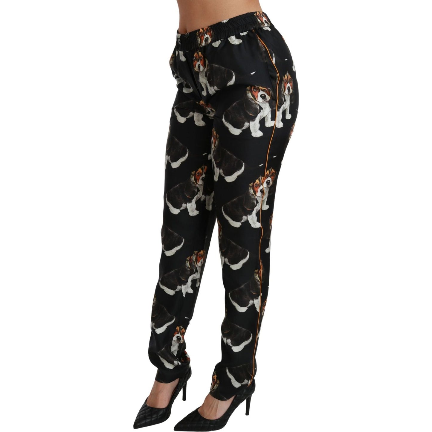 Elegant Silk Puppy Dog Print Pants