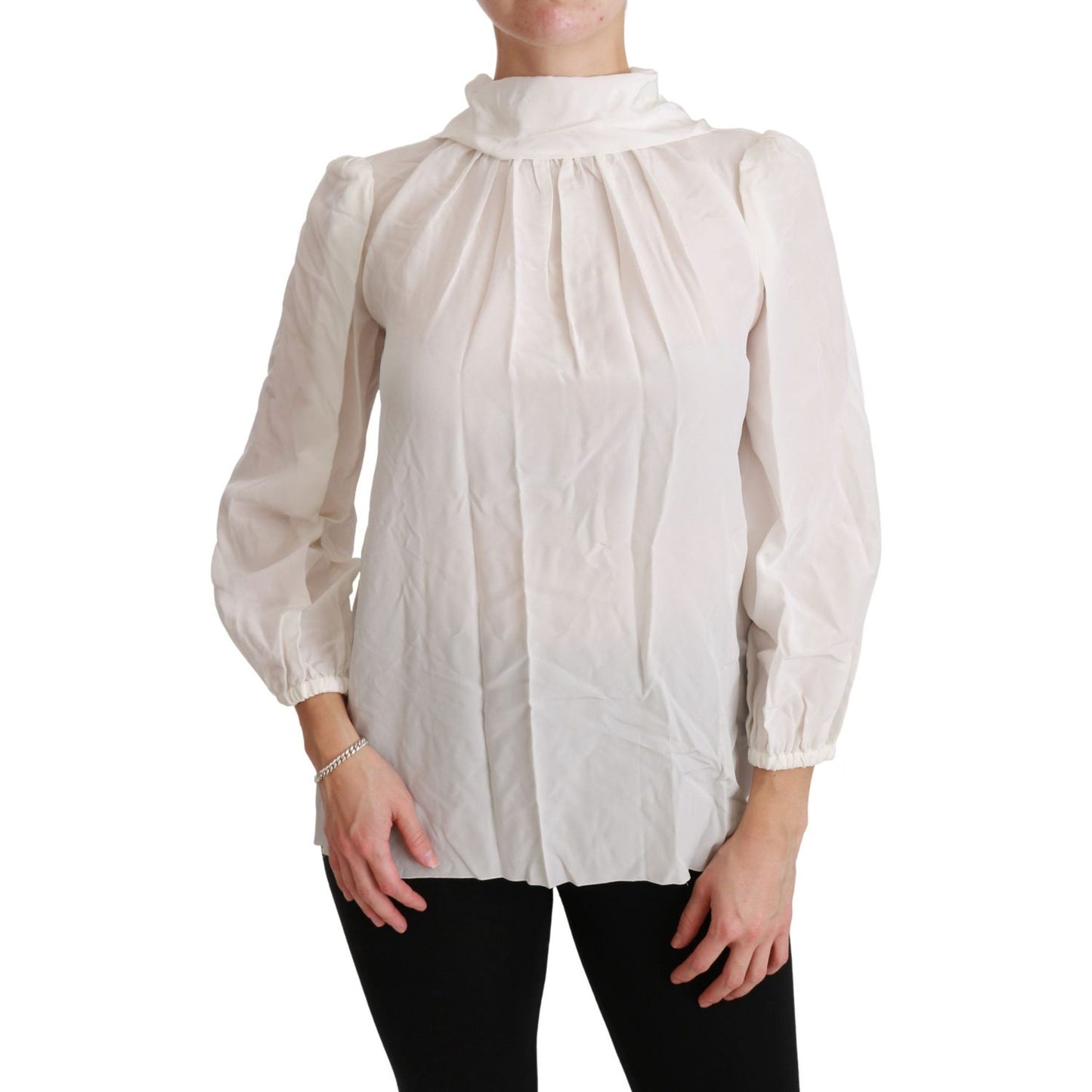 Elegant White Silk Turtle Neck Blouse