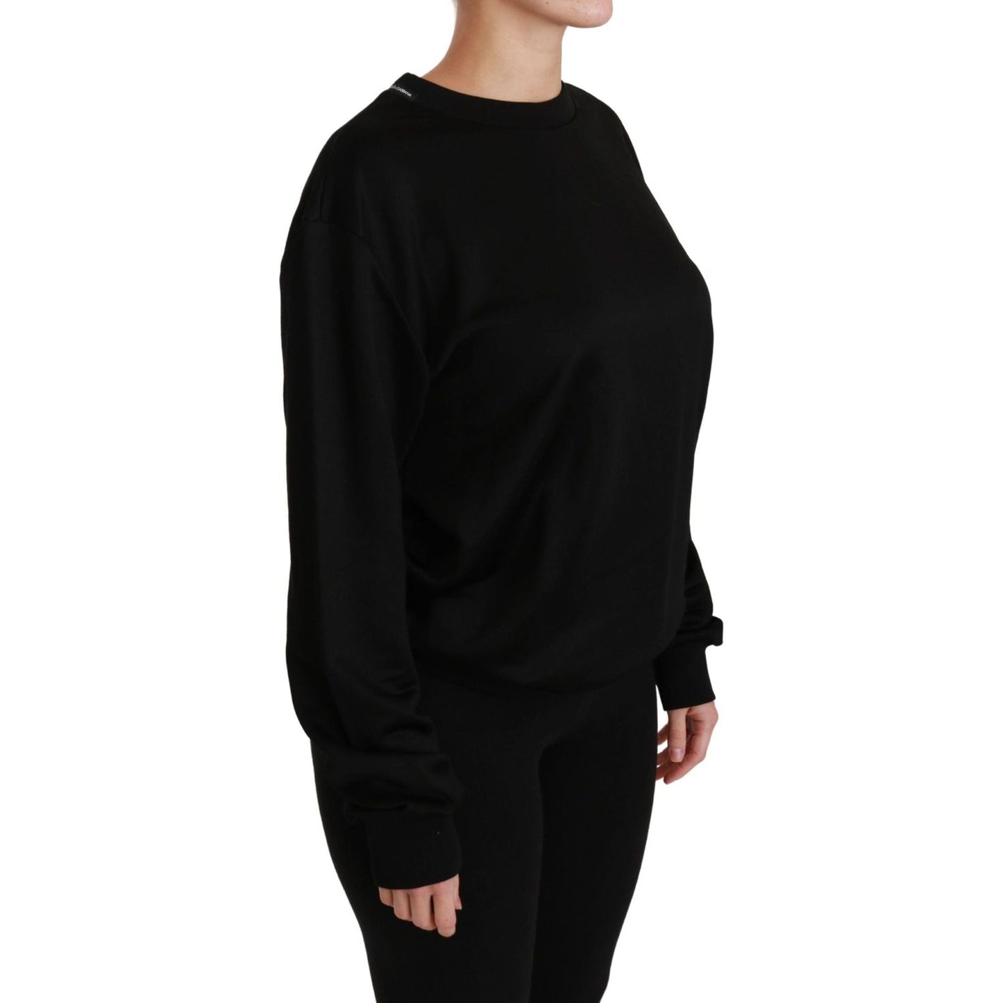 Elegant Black Cotton Crew Neck Pullover Sweater