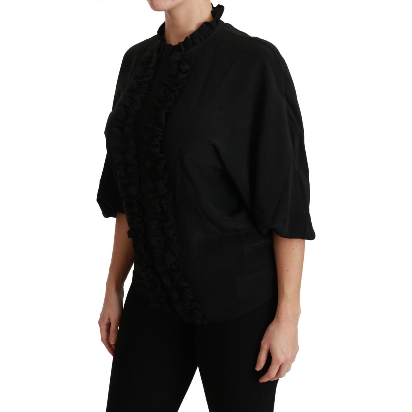 Elegant Black Silk Short Sleeve Blouse