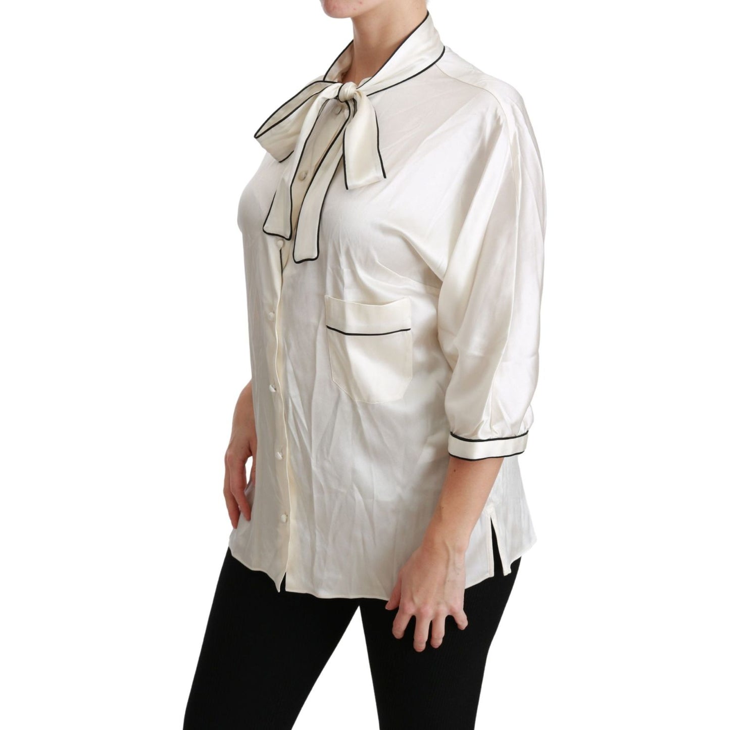 Elegant Beige Silk Blouse with Bow Scarf