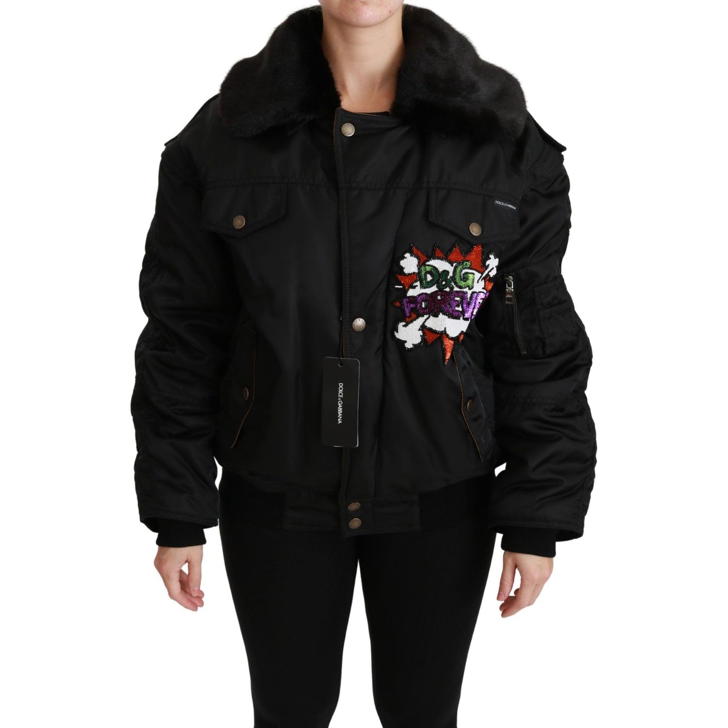 Dolce & Gabbana Black Queen Crown Sequined Bomber Jacket