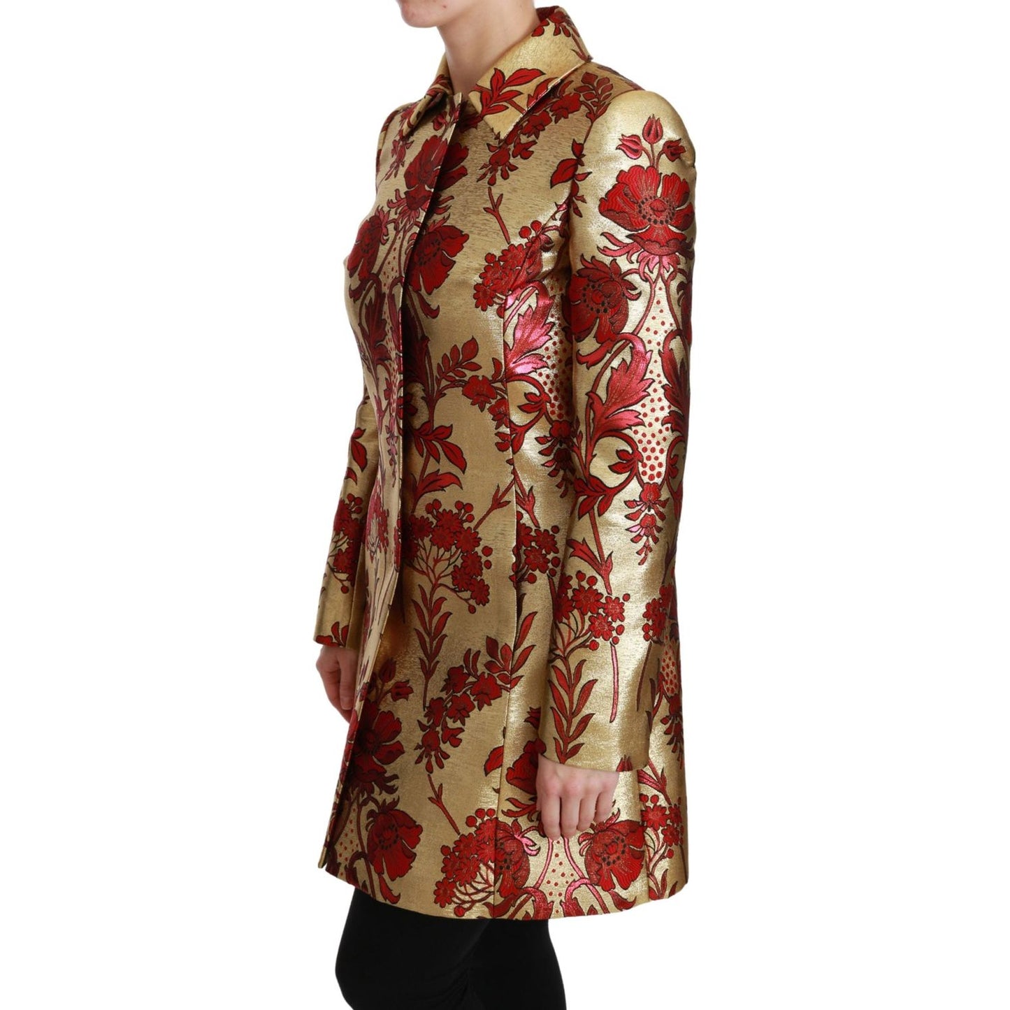 Elegant Gold Floral Brocade Trench Coat