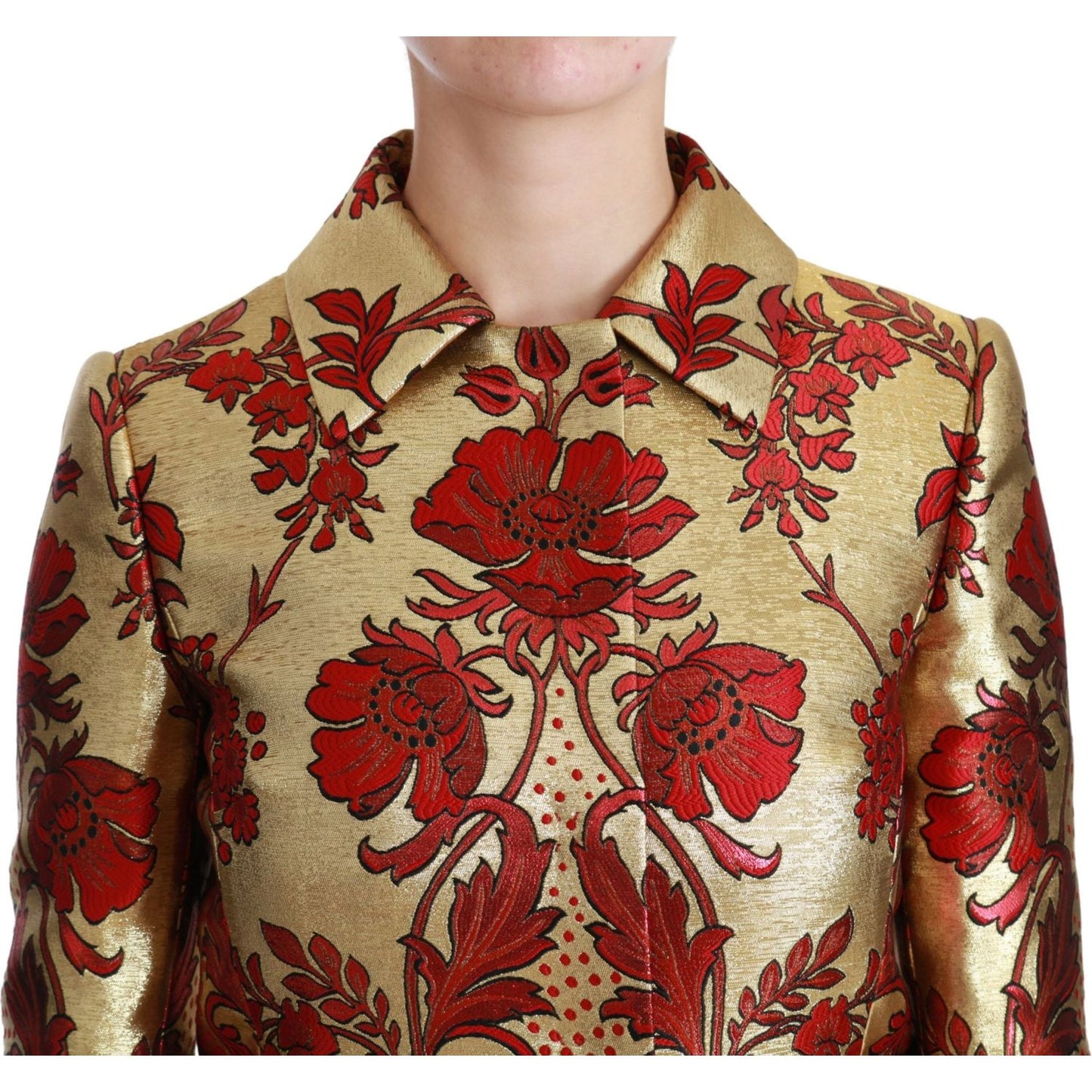 Elegant Gold Floral Brocade Trench Coat