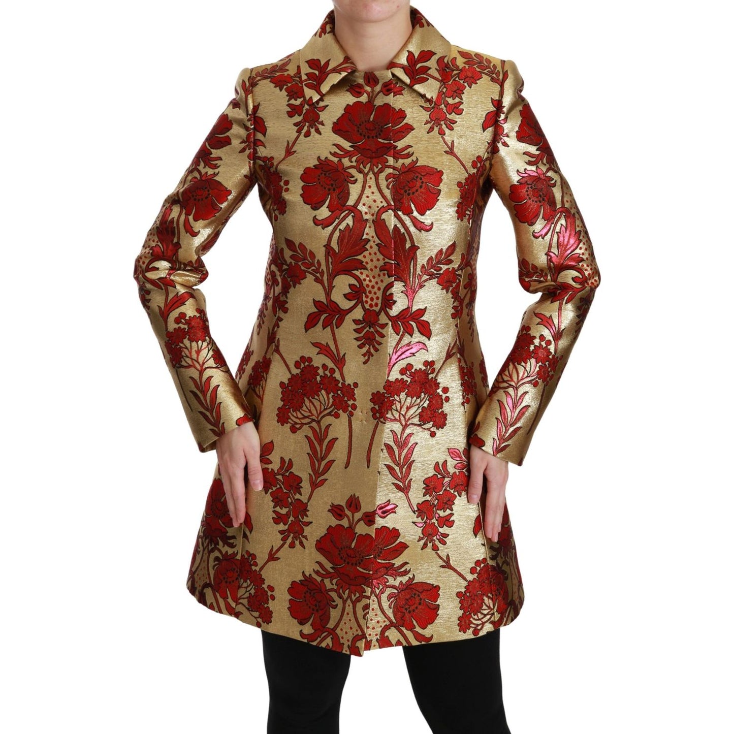 Elegant Gold Floral Brocade Trench Coat