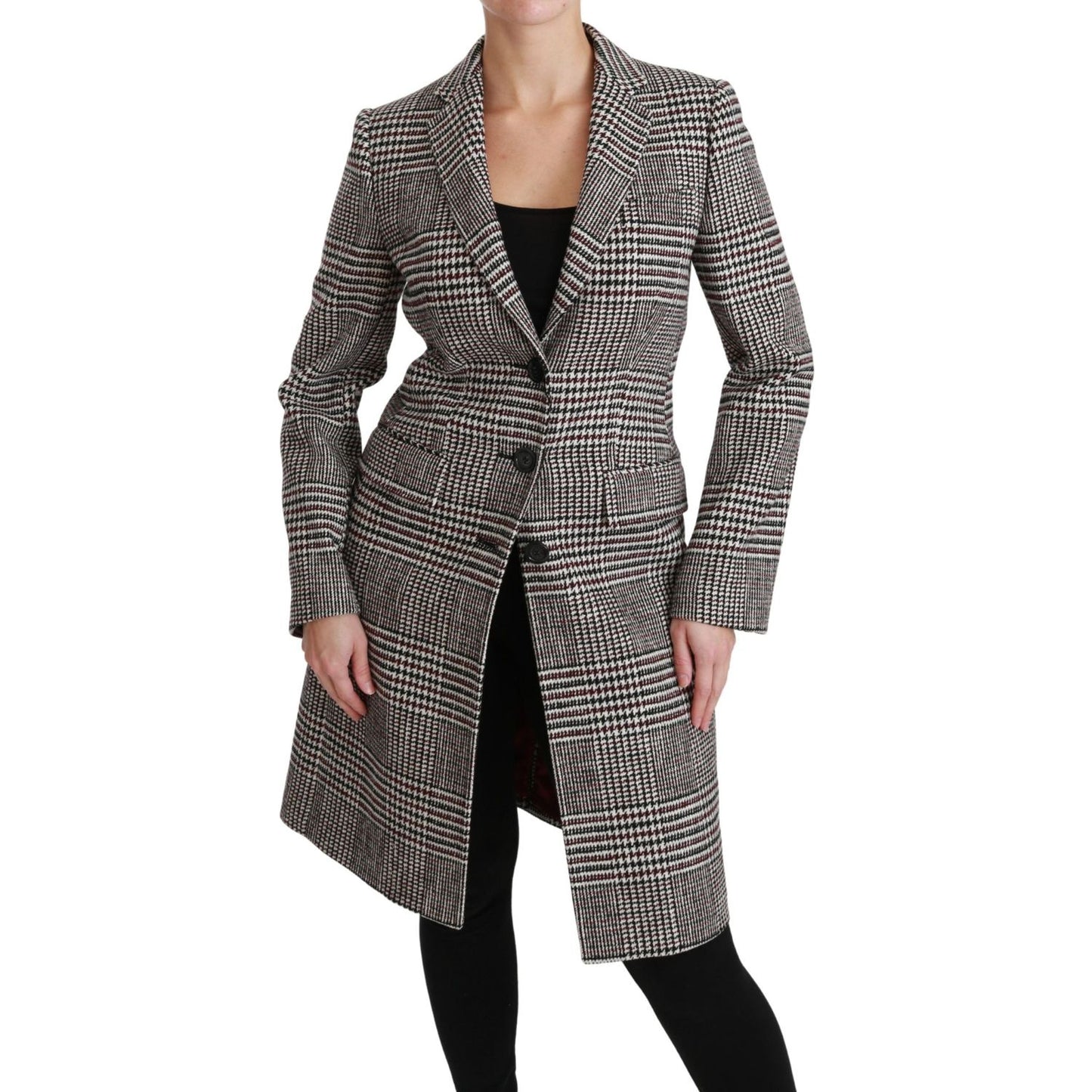 Elegant Multicolor Checked Knee-Length Jacket Coat