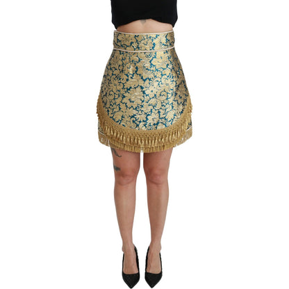 Dolce & Gabbana Blue High Waist Jacquard Tassel Gold Skirt