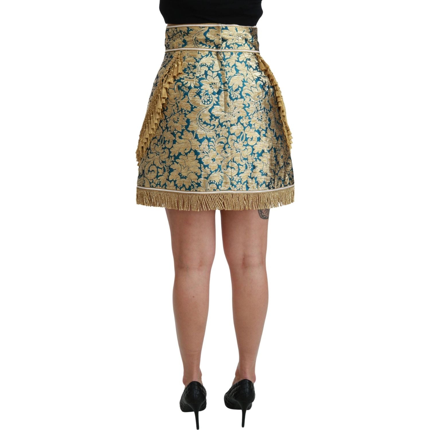 Dolce & Gabbana Blue High Waist Jacquard Tassel Gold Skirt