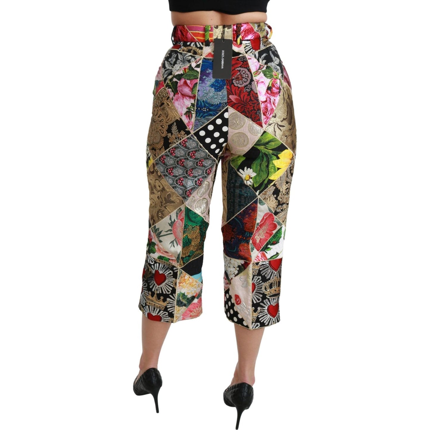 Dolce & Gabbana Silk Multicolor Print High Waist Cropped Pants