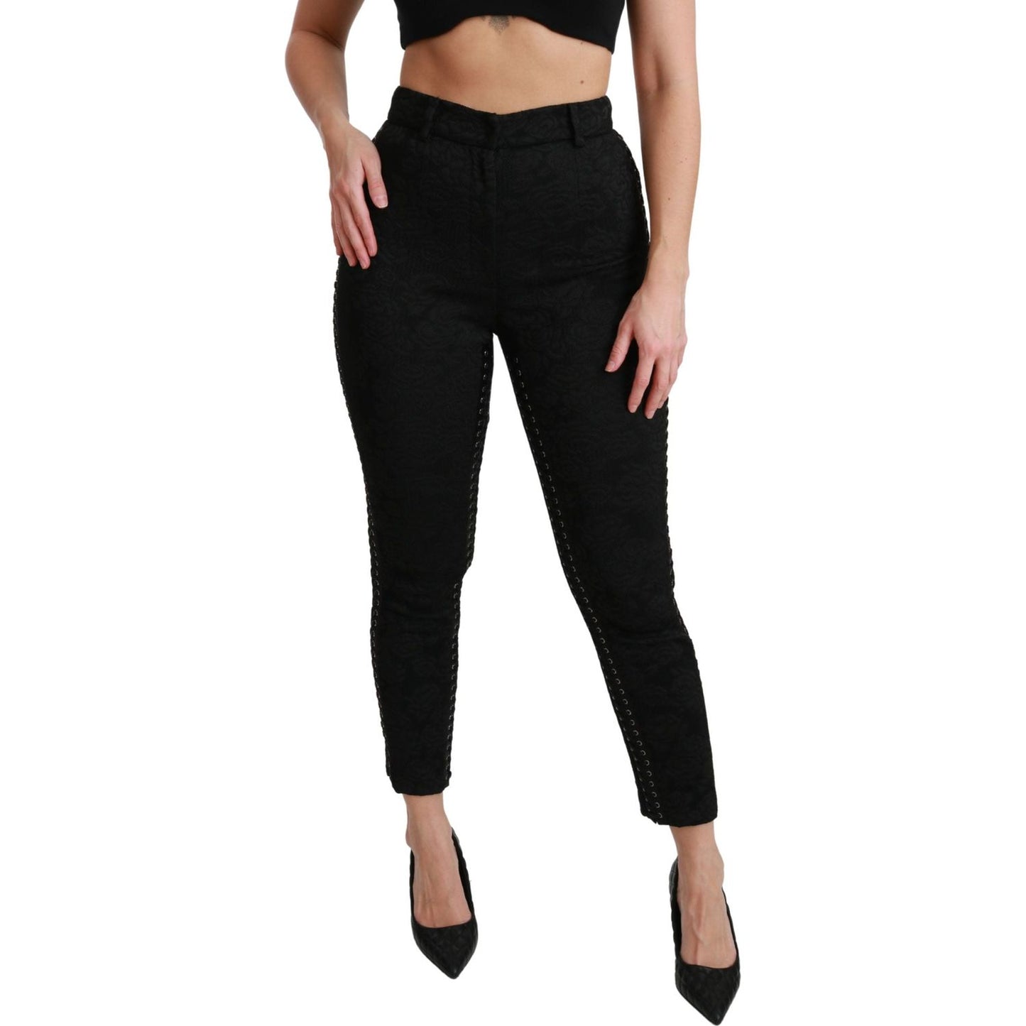 Elegant High Waist Skinny Black Brocade Pants