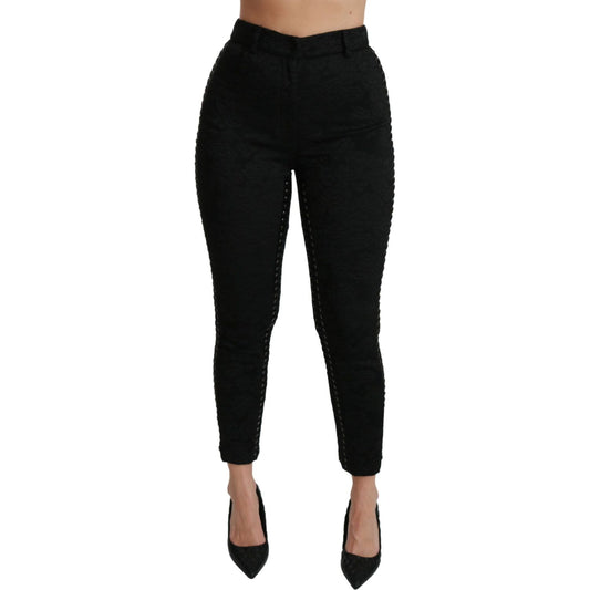 Elegant High Waist Skinny Black Brocade Pants