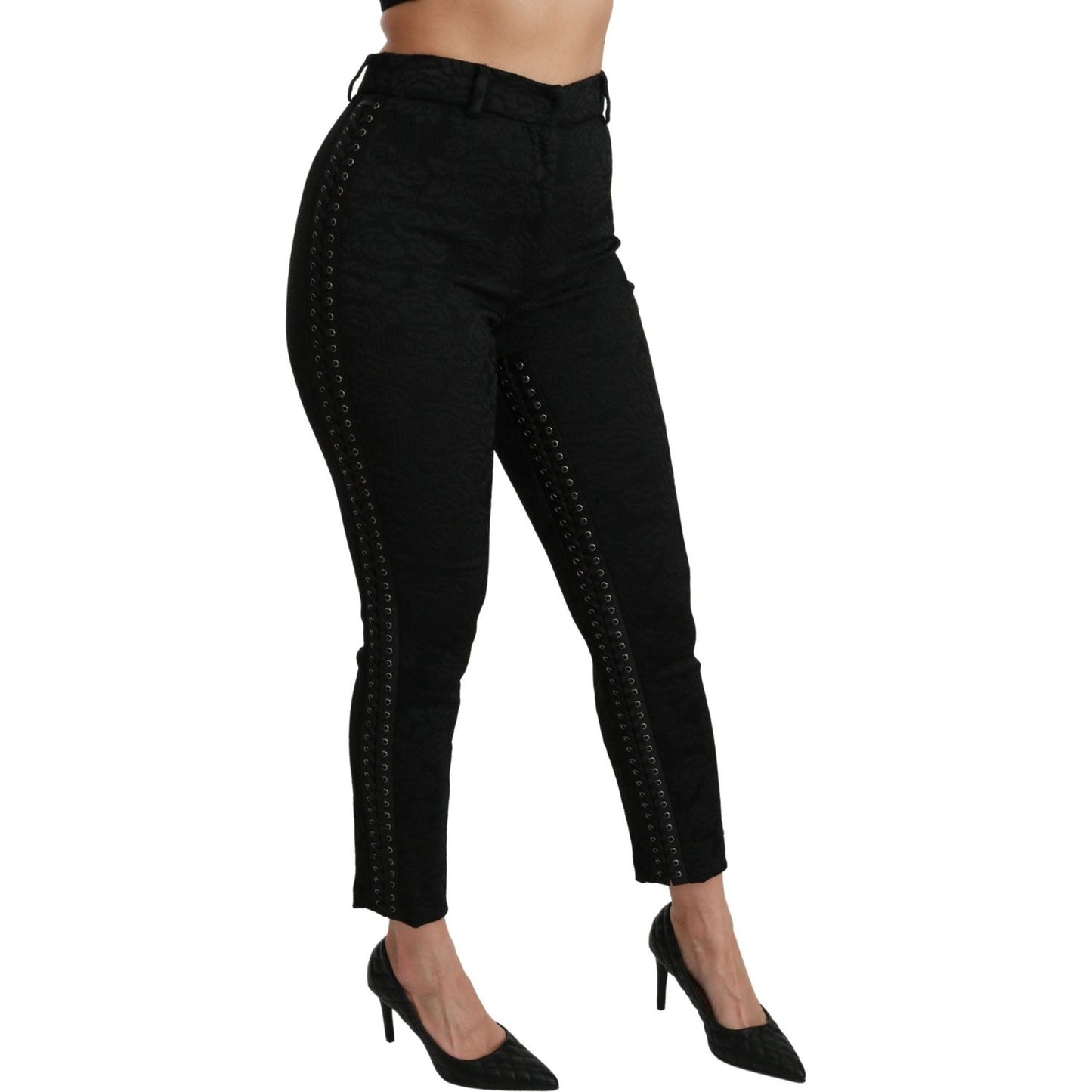 Elegant High Waist Skinny Black Brocade Pants