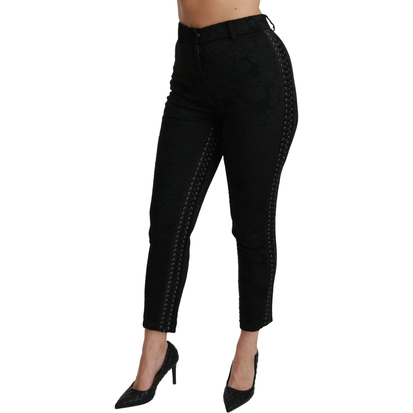 Elegant High Waist Skinny Black Brocade Pants