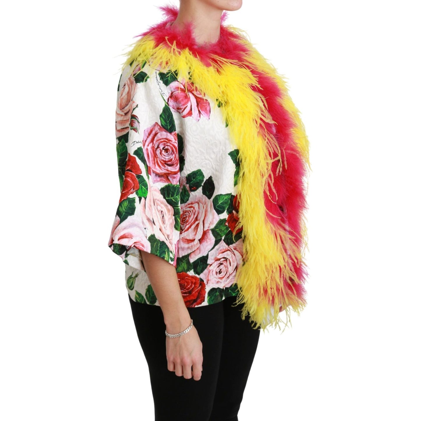 Elegant Floral Cape Jacket with Fur Details