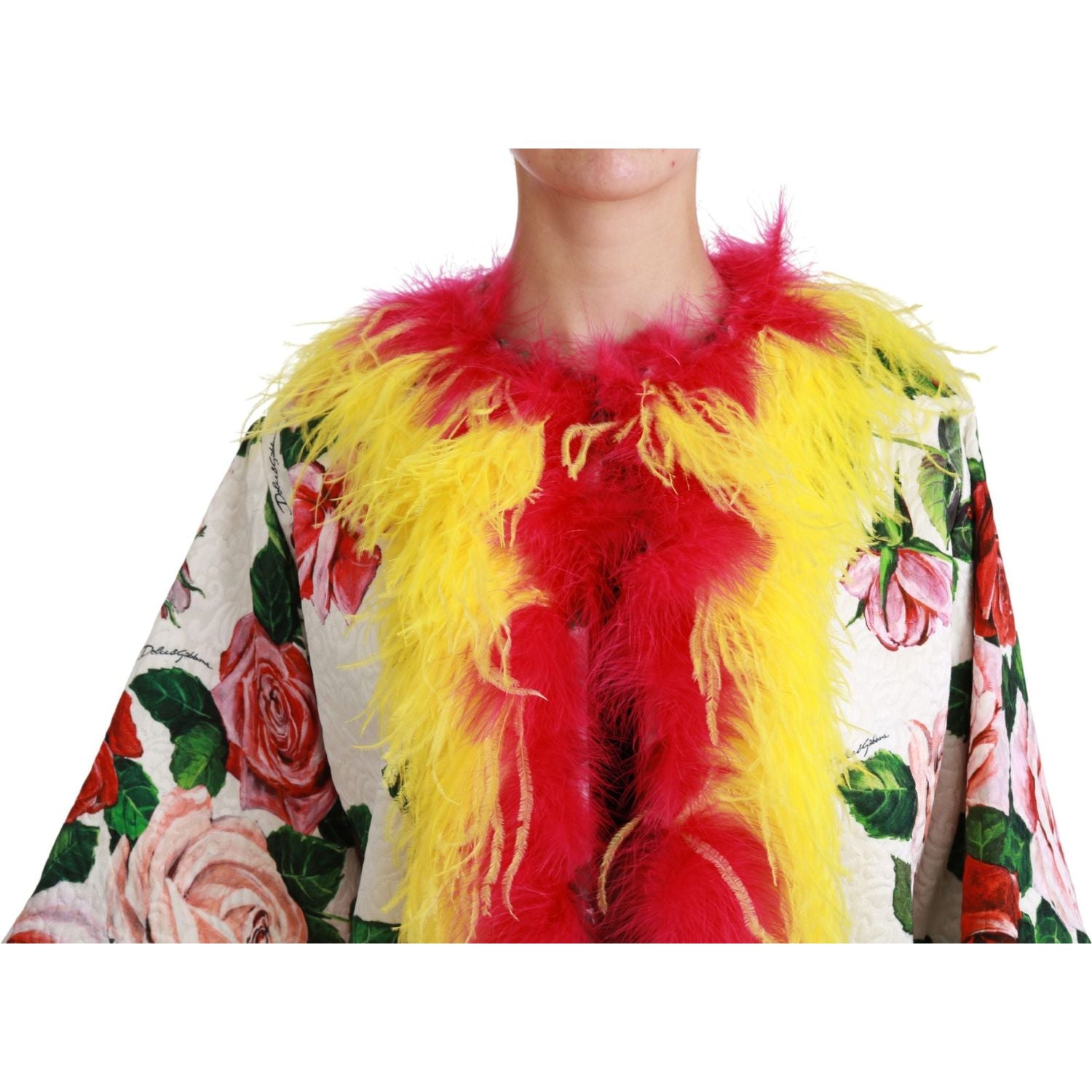 Dolce & Gabbana White Floral Coat Capte Fur Roses Jacket